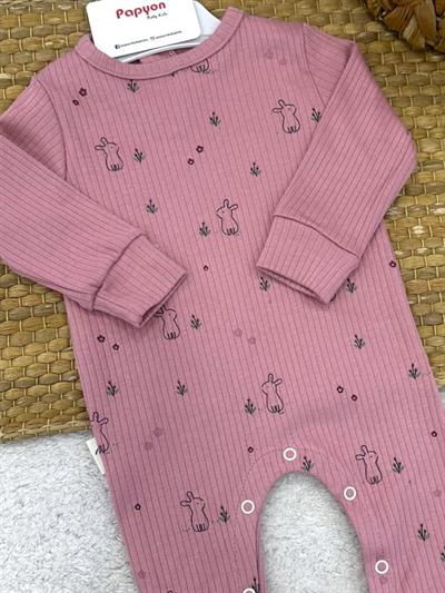 Tavşan Baskılı Fitilli Kız Bebek Tulum (3-6/6-9/9-12 Ay)