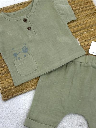 Cepli Ayıcık Nakışlı Erkek Bebek Şortlu Organik Müslin Takım 6-12-18 Ay