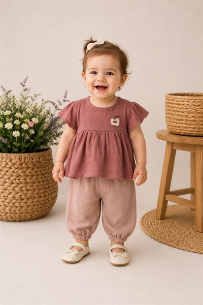 Elma Nakışlı Kız Bebek Şortlu Müslin Takım (6-12-18 Ay)