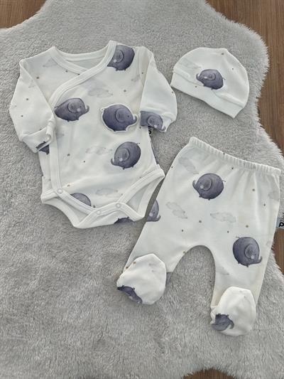 Kabartma Fil Organik Erkek Bebek 3lü Takım 0-3/3-6/6-9 Ay