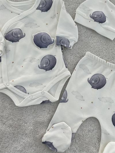Kabartma Fil Organik Erkek Bebek 3lü Takım 0-3/3-6/6-9 Ay