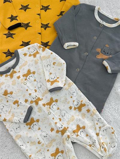 Sarı Yıldızlı Erkek Bebek 3lü Patikli Tulum 0-3/3-6/6-9 Ay