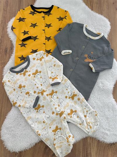 Sarı Yıldızlı Erkek Bebek 3lü Patikli Tulum 0-3/3-6/6-9 Ay