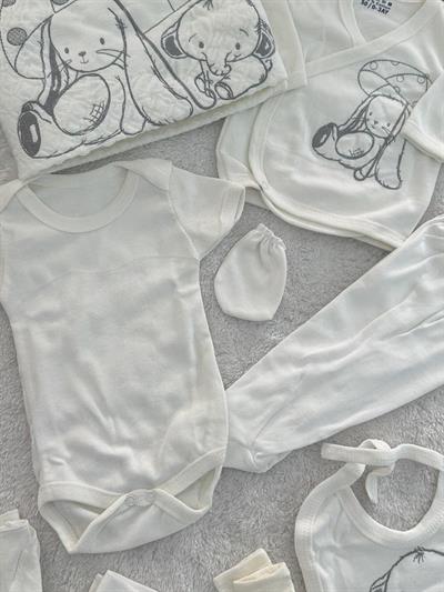 Şemsiyeli Tavşan Fil Nakışlı Unisex Bebek 10lu Hastane Çıkış Seti