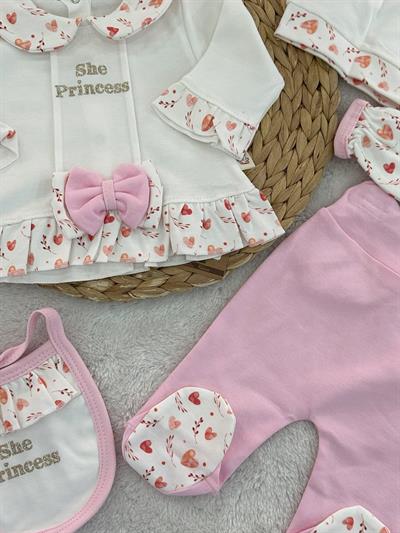 She Princess Yaldız Baskılı Fiyonklu Yenidoğan Kız Bebek 5li Zıbın Set Hastane Çıkışı