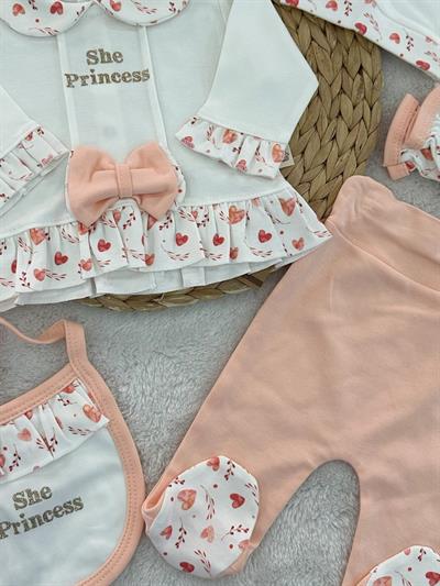 She Princess Yaldız Baskılı Fiyonklu Yenidoğan Kız Bebek 5li Zıbın Set Hastane Çıkışı