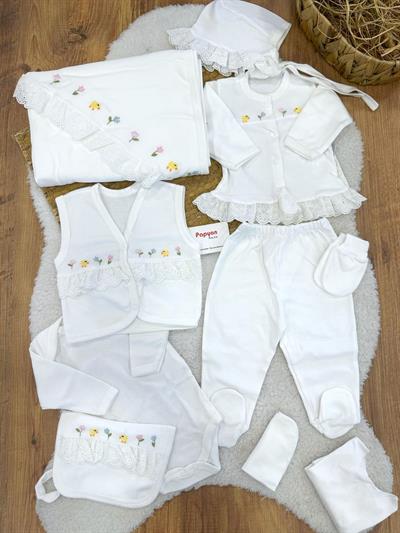 Dantelli Çiçek Nakışlı Yenidoğan Kız Bebek 10lu Zıbın Set Hastane Çıkışı