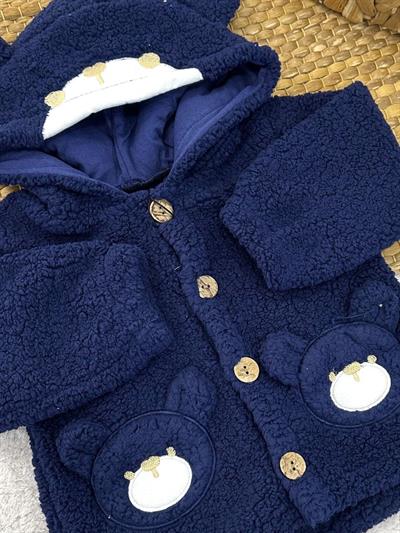 Ayıcık Nakışlı Kapşonlu Peluş Ceket Hırka (1-2-3 Yaş)