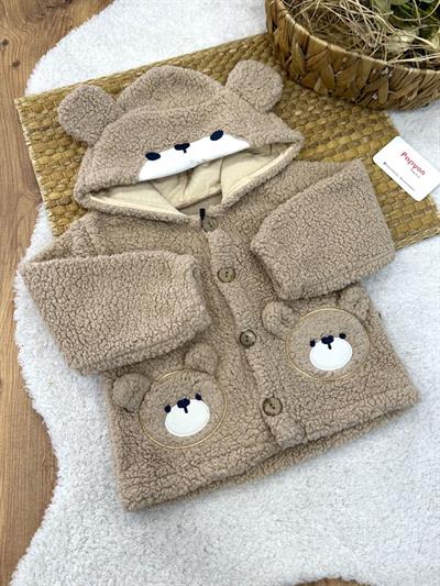 Ayıcık Nakışlı Kapşonlu Peluş Ceket Hırka (1-2-3 Yaş)