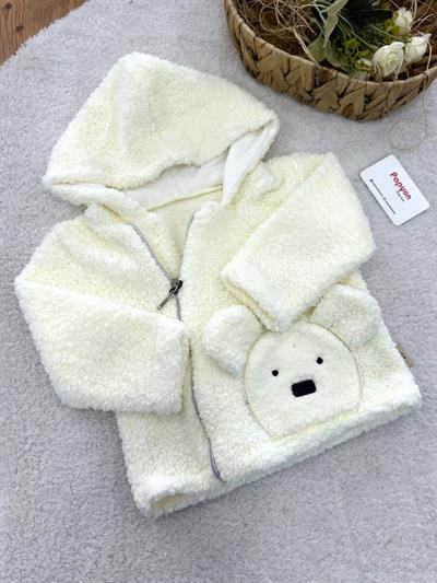 Ayıcık Nakışlı Kapşonlu Peluş Ceket Hırka (1-2-3 Yaş)