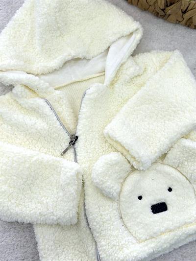 Ayıcık Nakışlı Kapşonlu Peluş Ceket Hırka (1-2-3 Yaş)