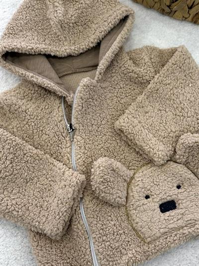 Ayıcık Nakışlı Kapşonlu Peluş Ceket Hırka (1-2-3 Yaş)