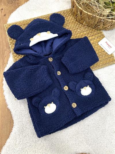 Ayıcık Nakışlı Kapşonlu Peluş Ceket Hırka (1-2-3 Yaş)