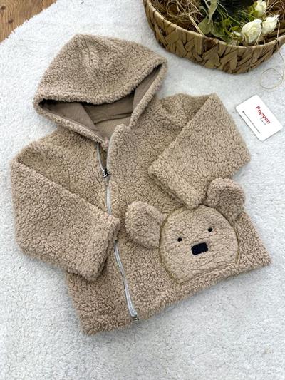 Ayıcık Nakışlı Kapşonlu Peluş Ceket Hırka (1-2-3 Yaş)