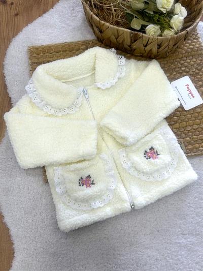 Çiçek Nakışlı Cepli Dantelli Kız Bebek Peluş Ceket Hırka (1-2-3 Yaş)