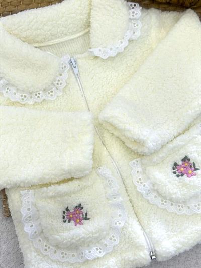 Çiçek Nakışlı Cepli Dantelli Kız Bebek Peluş Ceket Hırka (1-2-3 Yaş)