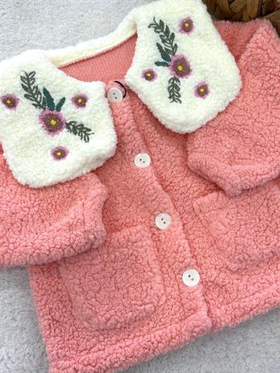 Yaka Çiçek Nakışlı Cepli Kız Bebek Peluş Ceket Hırka (1-2-3 Yaş)