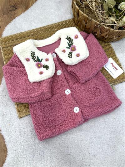 Yaka Çiçek Nakışlı Cepli Kız Bebek Peluş Ceket Hırka (1-2-3 Yaş)