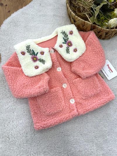 Yaka Çiçek Nakışlı Cepli Kız Bebek Peluş Ceket Hırka (1-2-3 Yaş)