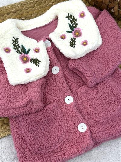 Yaka Çiçek Nakışlı Cepli Kız Bebek Peluş Ceket Hırka (1-2-3 Yaş)