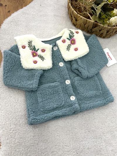Yaka Çiçek Nakışlı Cepli Kız Bebek Peluş Ceket Hırka (1-2-3 Yaş)