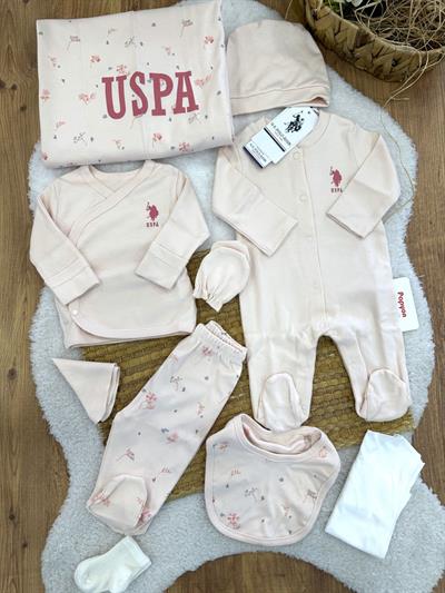 Uspa Baskılı Çiçek Desenli Tulumlu Yenidoğan Kız Bebek 10lu Zıbın Set Hastane Çıkışı