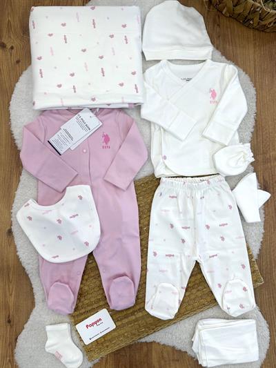 Uspa Baskılı Tulumlu Yenidoğan Kız Bebek 10lu Zıbın Set Hastane Çıkışı