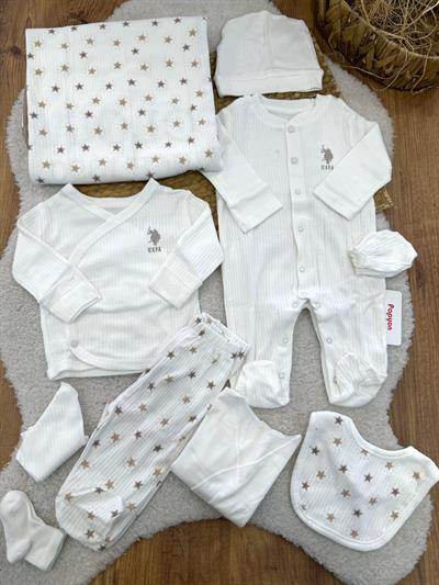 Uspa Logolu Yıldız Desenli Tulumlu Yenidoğan Bebek 10lu Zıbın Set Hastane Çıkışı