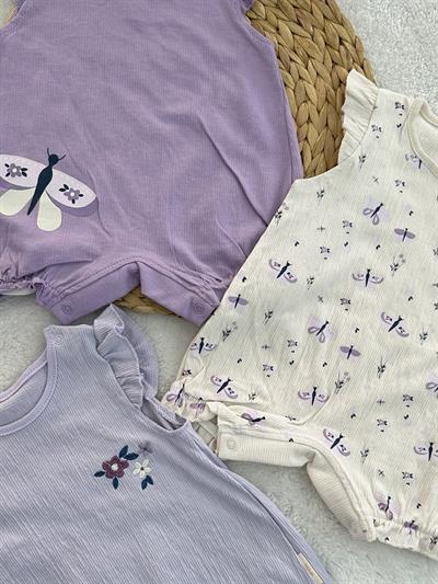 Valenca Çiçek Kelebek Kız Bebek 3lü Yazlık Tulum Set 0-3/3-6 Ay