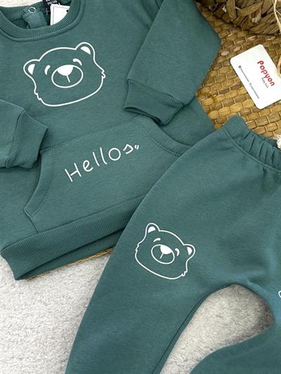 Hello Ayıcık Baskılı Kanguru Cepli Erkek Bebek 3ip Şardonlu Takım (3-6/6-9/9-12/12-18 Ay)