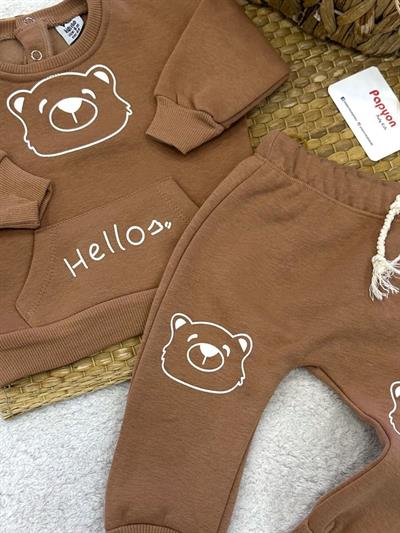 Hello Ayıcık Baskılı Kanguru Cepli Erkek Bebek 3ip Şardonlu Takım (3-6/6-9/9-12/12-18 Ay)