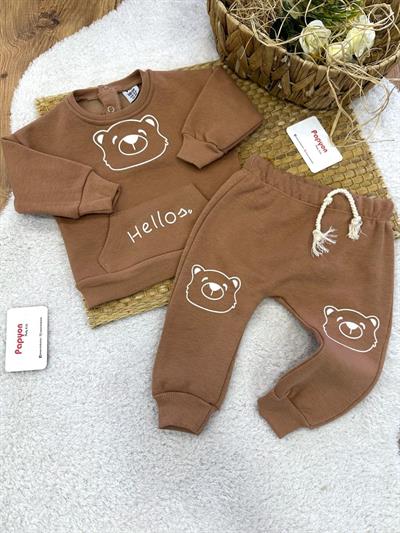 Hello Ayıcık Baskılı Kanguru Cepli Erkek Bebek 3ip Şardonlu Takım (3-6/6-9/9-12/12-18 Ay)