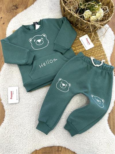 Hello Ayıcık Baskılı Kanguru Cepli Erkek Bebek 3ip Şardonlu Takım (3-6/6-9/9-12/12-18 Ay)