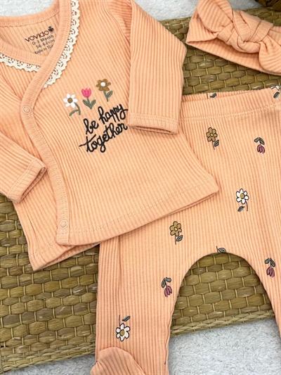 Be Happy Nakışlı Yaka Dantelli Yenidoğan Kız Bebek Natural 3lü Zıbın Set