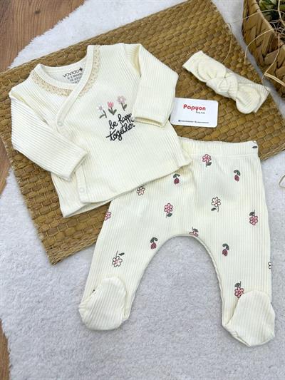 Be Happy Nakışlı Yaka Dantelli Yenidoğan Kız Bebek Natural 3lü Zıbın Set