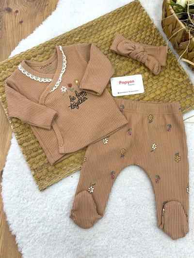 Be Happy Nakışlı Yaka Dantelli Yenidoğan Kız Bebek Natural 3lü Zıbın Set