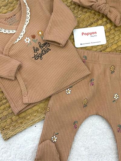 Be Happy Nakışlı Yaka Dantelli Yenidoğan Kız Bebek Natural 3lü Zıbın Set