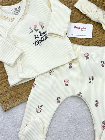 Be Happy Nakışlı Yaka Dantelli Yenidoğan Kız Bebek Natural 3lü Zıbın Set