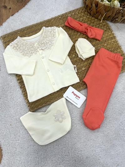 Çiçek Motifli Yenidoğan Kız Bebek 5li Zıbın Set