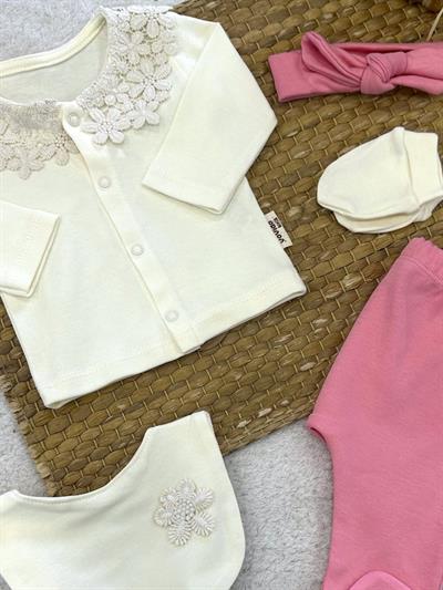 Çiçek Motifli Yenidoğan Kız Bebek 5li Zıbın Set