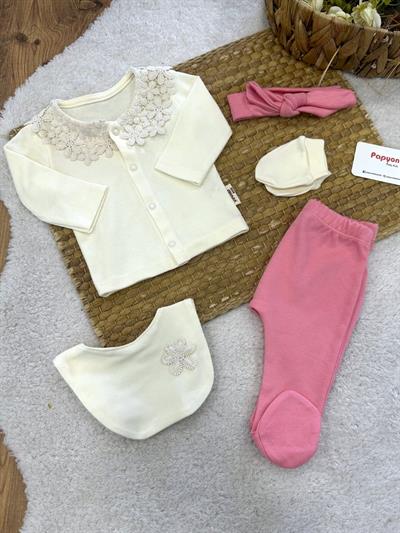 Çiçek Motifli Yenidoğan Kız Bebek 5li Zıbın Set