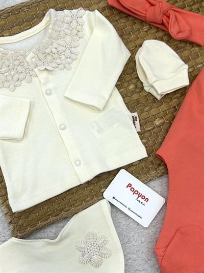 Çiçek Motifli Yenidoğan Kız Bebek 5li Zıbın Set