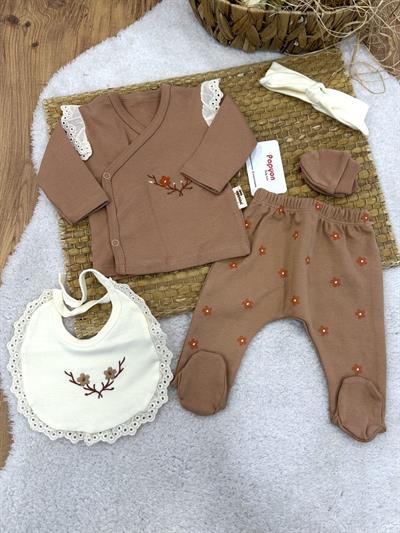 Dalda Çiçek Nakışlı Omuzları Dantelli Yenidoğan Kız Bebek 5li Zıbın Set