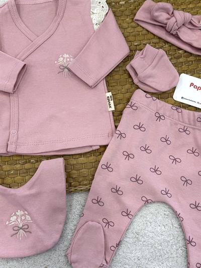 Fiyonklu Çiçek Nakışlı Yenidoğan Kız Bebek 5li Zıbın Set