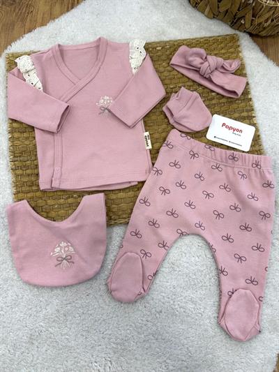 Fiyonklu Çiçek Nakışlı Yenidoğan Kız Bebek 5li Zıbın Set