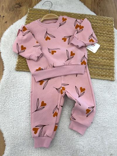 Kalp Yaprak Baskılı Kız Bebek 2li Takım (6-9/9-12/12-18/18-24 Ay)