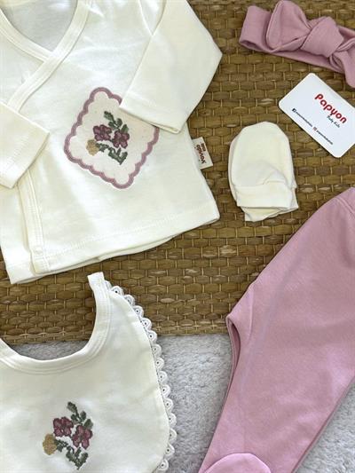 Kaneviçe Çiçek Nakışlı Yenidoğan Kız Bebek 5li Zıbın Set