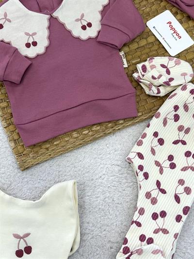 Kiraz Nakışlı Baskılı Güpürlü Yenidoğan Kız Bebek 5li Zıbın Set