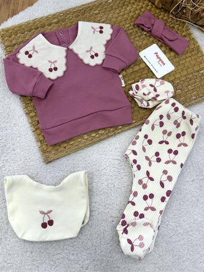 Kiraz Nakışlı Baskılı Güpürlü Yenidoğan Kız Bebek 5li Zıbın Set
