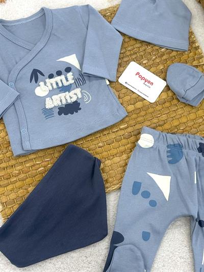 Little Artist Nakışlı Yenidoğan Erkek Bebek 5li Zıbın Set